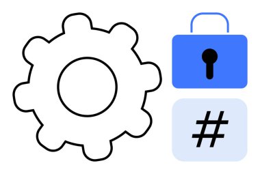 Operasyon için vites, güvenlik için mavi kilit, bağlantı için meta veri etiketi. Dijital araçlar, siber güvenlik, teknoloji tasarımı, uygulamalar, işlem yönetimi, yenilik için ideal basit bir iniş sayfası