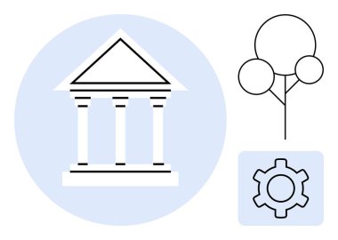 Sütunları, asgari ağacı ve ayrı şekillerde teçhizatı olan klasik bir bina. Yönetim, sürdürülebilirlik, yenilik, denge, karar verme, kentsel planlama için ideal