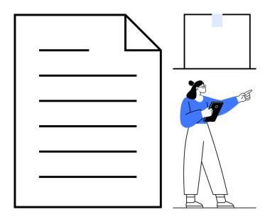 Büyük bir belge simgesi, önünü gösteren bir pano tutan bir kadın, minimalist not kağıdı. İş stratejisi, eğitim, takım çalışması, planlama, iletişim, bilgi paylaşımı için ideal