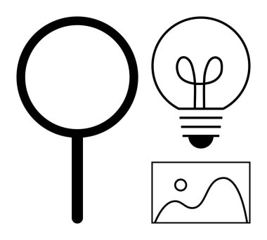 Büyüteç, ampul ve manzara resmi araştırmayı, yaratıcılığı ve ilhamı sembolize eder. Analiz, yenilik, bilgi, beyin fırtınası planlama, düz metafor için ideal