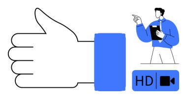 Büyük baş parmak hareketi, profesyonel figür pano gösterimi, aşağıda HD video çağrı sembolü. İşbirliği, onay, video bağlantısı, iletişim, takım çalışması, çevrimiçi öğrenim için ideal