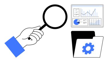 Veri tabloları, grafikler ve vitesli klasörün yanında büyüteç var. Analiz, problem çözme, veri yönetimi, proje iş akışı, araştırma kavramları, basit dijital araçlar için ideal