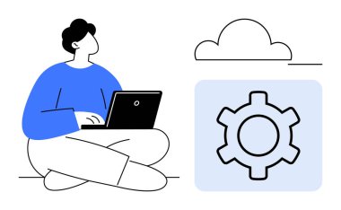 Bulut simgesi ve vites sembolünün yanında dizüstü bilgisayarda çalışan bir adam. Teknoloji, bulut hesaplama, yapılandırma, sistem yönetimi, dijital arayüz, yenilik, basit iniş sayfası için ideal