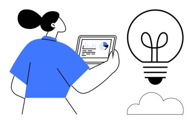 Elinde veri grafikleri, büyük ampul ve ilham, fikir ve teknolojiyi sembolize eden bulut bulunan bir tablet tutan kadın. Analiz, yaratıcılık, teknoloji, yenilik, strateji verileri için ideal