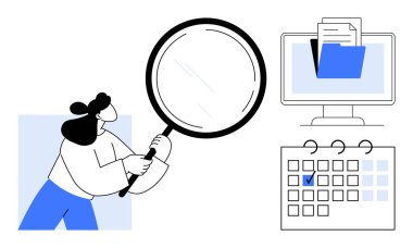 Kadının elinde büyüteç teftiş görevi var. Görülenler bir belge dizini ve işaretli takvimi olan bir masaüstü ekranıdır. Organizasyon, üretkenlik, planlama, araştırma, teslim tarihleri, dijital