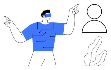 Bağlı devre desenli tişört jestli VR kulaklık takan adam dinamik bir şekilde hareket ediyor. Yakınlarda, kullanıcı profili simgesi ve bitki grafiği. Teknoloji, yenilik, oyun, yapay zeka, eğitim için ideal basit UX