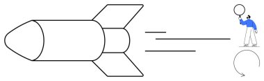 Roket hareket halinde, hız çizgileri, geniş küreyle şekil, dairesel ok. Yenilik, fırlatma, ilerleme, vizyon, hareket verimliliği için ideal basit iniş sayfası