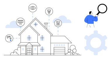 Güvenlik, ışıklandırma, sensörler, enerji kontrolü ve izleme cihazları olan akıllı bir ev. Büyüteç kullanarak ayarları analiz eden adam. Teknoloji, yenilik, güvenlik otomasyon enerjisi için ideal