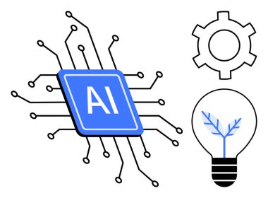 Devre çizgileri olan merkezi yapay zeka çipi, otomasyon teçhizatı, yeşil enerjiyi sembolize eden çevre dostu ampul. Teknoloji için ideal, yapay zeka, yenilik, çevre, sürdürülebilirlik, otomasyon sade iniş