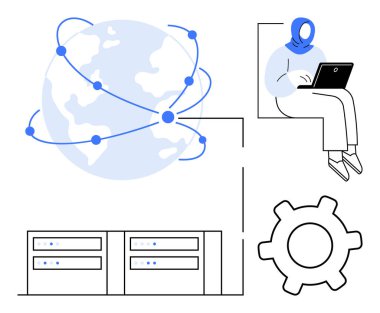 Bağlı düğümlere sahip gezegen, dizüstü bilgisayar kullanan kişi, veri sunucuları, dişli simgesi. Ağ oluşturma, bulut hesaplama, uzaktan çalışma, veri depolama küresel iletişim teknolojisi bilişim altyapısı için idealdir. Düz