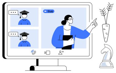 Öğretmenler canlı sanal sınıfta öğrencileri işaret ediyorlar. Eğitim, e-öğrenme, uzaktan çalışma, koçluk, web sitesi, iletişim, çevrimiçi etkileşim için idealdir. Düz basit metafor