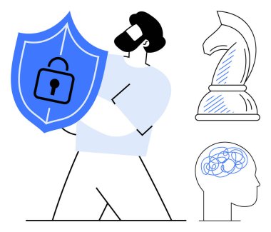 Adam kalkanı kilit sembolüyle koruyor, satranç şövalyesi vurgulama stratejisi, kafa silueti karar vermeyi sembolize ediyor. Güvenlik, koruma, strateji ve planlama için ideal