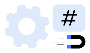 Otomasyonu sembolize eden vites, sosyal medya eğilimlerini simgeleyen meta veri etiketi ve cazibe ya da nüfuzu temsil eden mıknatıs. İş akışı, strateji, pazarlama, yenilik, ağ oluşturma, optimizasyon için ideal