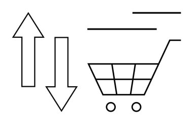 Yukarı ve aşağı okları olan minimalist alışveriş arabası piyasa değişikliklerini, tüketici seçimini, dijital büyümeyi taşır. E-ticaret, analitik, satış, pazarlama, ekonomi ve karar verme dairesi için ideal