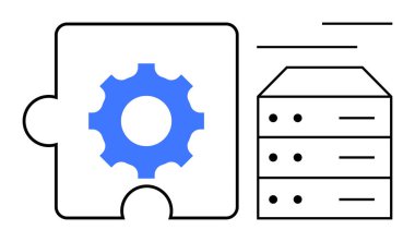 Sunucu yığınının yanında bağlantı, optimizasyon ve veri yönetimini gösteren bir yapboz parçasının içinde. Takım çalışması için ideal teknoloji, otomasyon, iş akışı, ağ, mühendislik dairesi