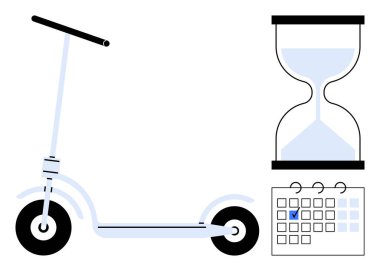 Kum saati ve takvimin yanında hareket kabiliyeti, zaman farkındalığı ve takvimi vurgulayan elektrikli scooter. Ulaşım, dakiklik, verimlilik, hedef belirleme ve planlama için ideal