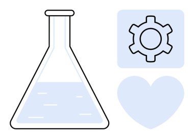 Şeffaf laboratuvar şişesi, vites simgesi ve kalp sembolü bilim, teknoloji ve insan bağlantısını iletir. Araştırma, yenilik, teknoloji, tıp eğitimi için ideal sade iniş