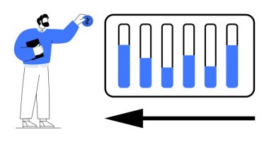 Elinde belge tutan bir işadamı, bar çizelgesini bozuk parayla ayarlıyor. Büyüme oku ilerlemeyi sembolize eder. Finans, yatırım, analitik, strateji, performans, iş, basit iniş sayfası için ideal