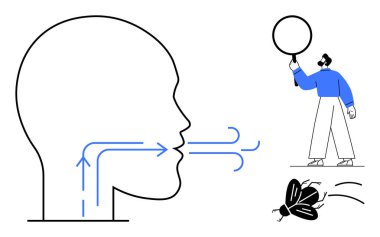 Kafasında hava akışı okları olan bir diyagram, balon tutan biri, uçan bir böcek. Sağlık, biyoloji, bilim, nefes alma, iletişim, basit iniş sayfası için ideal