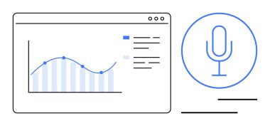 Ses dalgası grafiği ekranda ses analizlerini sembolize eden bir mikrofon simgesi ile. Teknoloji, veri, kayıt, yapay zeka, ses analizi, iş ve araştırma kavramları için idealdir. Düz basit metafor