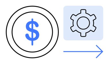 Kutuların içindeki dolar sembolü ve teçhizat yönlü bir okla birbirine bağlanmış. Otomasyon, finans, teknoloji, iş akışı optimizasyonu, süreç yönetimi, fintech, basit iniş sayfası için ideal