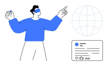 Sanal bir küreyi işaret eden VR kulaklık takan, elinde bir kontrol cihazı tutan ve sosyal medya arayüzü ile etkileşime giren bir birey. VR, metaverse, teknoloji, yenilik, sosyal medya ve oyun için ideal