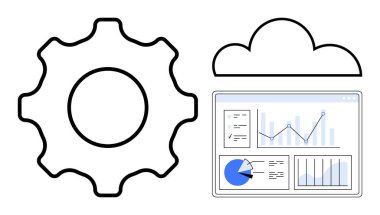 Veri simgesi, bulut ve analiz paneli tasvir teknolojisi, bulut hesaplama, veri yönetimi ve optimizasyon. Geliştirme, araçlar, teknik çözümler üretkenlik yapay zeka veri analizi için idealdir