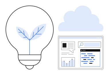 Bitki, bulut simgesi ve grafik, metin ve arama çubuğuyla ağ arayüzü olan ampul. Sürdürülebilirlik, yenilik, teknoloji, büyüme bulut hesaplama veri analizi için ideal basit iniş sayfası