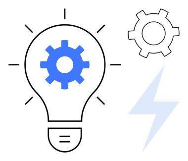 Ortasında teçhizat olan ampul, daha küçük teçhizat, ve yaratıcılığı ve teknolojiyi vurgulayan yıldırım. Yenilik, teknoloji, problem çözme, mühendislik, strateji, enerji için ideal basit