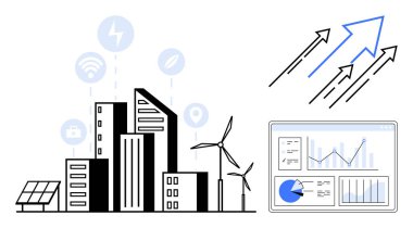 Rüzgar türbinleri, güneş panelleri, enerji ikonları ve veri analiz paneli olan modern şehir manzarası. Teknoloji için ideal, sürdürülebilirlik, kentsel büyüme, iş anlayışı, yenilik yeşil enerji basit