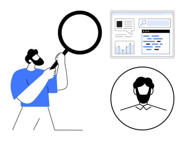 Geniş büyüteç tutan kişi, bir bilgisayar arayüzü ve bir kullanıcı profilini inceliyor. Araştırma, analiz, keşif, SEO, adam toplama, kullanıcı davranışı, dijital arama ve basit için ideal