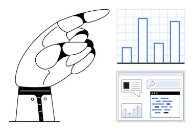 Arama ve analitik araçları içeren çubuk grafik ve web kullanıcı arayüzüne odaklı el işaretleri. Veri analizi, dijital pazarlama, araştırma, yenilik, karar verme, iş stratejisi, basit