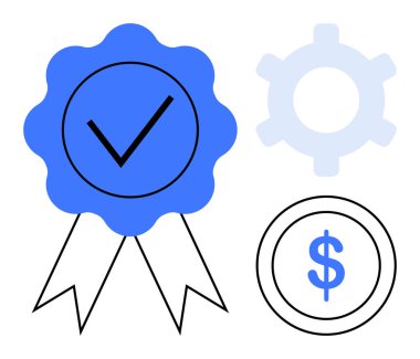 İşaretli mavi kalite rozet, şeffaf dişli, ve dolar işaretleme sertifikası, güvenilirlik, iyileştirme, verimlilik, maliyet yönetimi, sigorta uygunluğu. Düz basit metafor