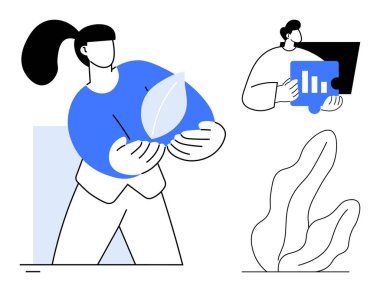 Elinde sürdürülebilirliği sembolize eden bir yaprak tutan kadın, çizelge verileriyle bulmacayı analiz eden bir adam, soyut bitki. Sürdürülebilirlik, çevre dostu girişimler, takım çalışması, büyüme, analiz için ideal