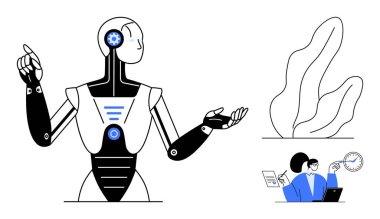 İnsansı robot hareketleri, bir bitki çizimi ve teknoloji ve teslim tarihleri hakkındaki fikirleri tartışan bir ekip. Yenilik için ideal, yapay zeka sistemleri, otomasyon, takım çalışması, gelecekteki kavramlar, yaratıcılık