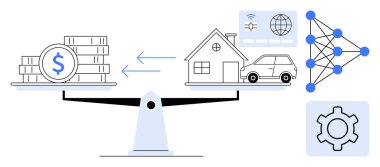 Bir ev ve araba da dahil olmak üzere, varlıklarla, yapay zeka, ağ ve ayarların sembolleriyle kıyaslanan teraziler. Finans, otomasyon, yatırım, teknoloji karar verme zenginliği için ideal
