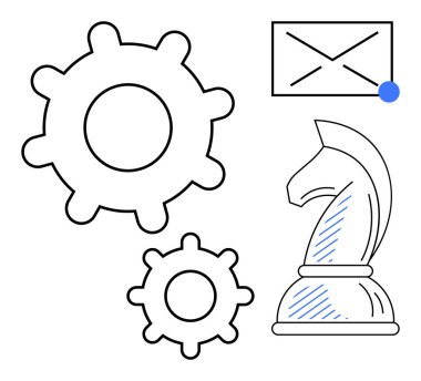 Satranç şövalyesi, dişliler ve içinde stratejik planlamayı, takım çalışmasını, iletişimi, iş büyümesini, yeniliği, karar verme mekanizmasını ve üretkenlik düzlüğünü temsil eden düz metaforu temsil eden uyarı noktası olan zarf.