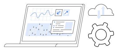 Veri grafikleri, grafikleri ve arayüz menülerini gösteren dizüstü bilgisayar. Okları olan bir ikon ve bulut deposu. Analiz, teknoloji, bulut depolama, veri görselleştirme, optimizasyon iş akışı için ideal
