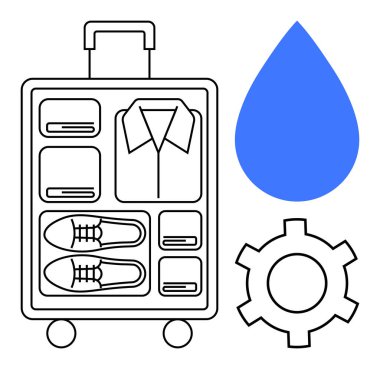 Kıyafet ve ayakkabılarla dolu bavul, mavi su damlası ve vites simgesi. Seyahat organizasyonu, sürdürülebilirlik, verimlilik, lojistik, eko-odaklanma, planlama araçları için ideal basit iniş sayfası