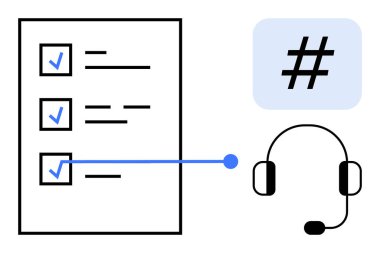 Mavi işaretli kontrol listesi, bağlı satır, kulaklık ve üstveri etiketi simgesi. Üretkenlik, müşteri hizmetleri, iletişim, görev yönetimi, organizasyon sorunları çözmek için ideal