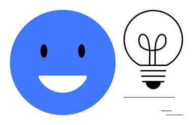 Mavi mutlu yüz pozitifliği ifade eden minimalist bir ampul ikonu yaratıcılığı ve yeniliği sembolize ediyor. Mutluluk, takım çalışması, üretkenlik, fikirler, zihinsel sağlık, eğitim için ideal