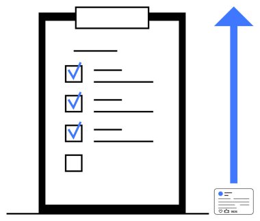 Artan bir ok ve küçük bir kimlik kartının yanında işaretli görevleri olan panodaki kontrol listesi. Üretkenlik, planlama, başarı, büyüme, organizasyon, başarı için ideal, basit iniş sayfası