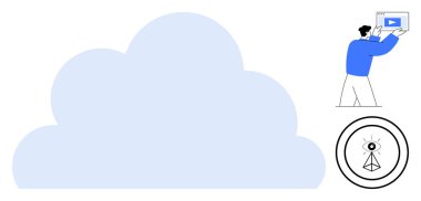 Büyük bulut, elinde tablet yayın videosu ve bir verici ikonu içinde bir göz tutan adamla eşleşti. Teknoloji, bulut depolama, medya, yayın, bağlantı, yenilik, basit iniş sayfası için ideal