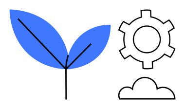 Bulutun yanında vitesli iki mavi yaprak. Çevre teknolojisi, yenilik, yeşil çözümler, sürdürülebilirlik, doğa, çevre bağlantısı ve basit bir iniş sayfası için ideal