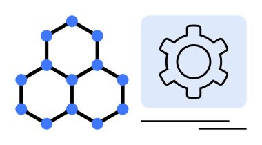 Bir karenin içindeki bir dişlinin yanında altıgen mavi düğümler birbirine bağlı. Teknoloji, sistem entegrasyonu, yenilik, ağ bilimi, dijital çözümler, optimizasyon, basit iniş sayfası için ideal