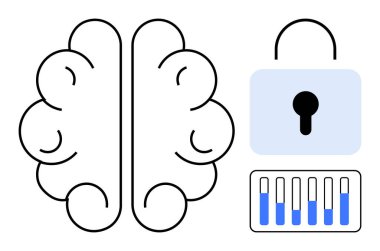 Kilitli asma kilit ve parmaklıklı kontrol panelinin yanında minimalist beyin hatları var. Ruh sağlığı, siber güvenlik, teknoloji, veri güvenliği, mahremiyet, şifreleme, basit iniş sayfası için ideal