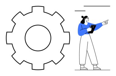 Verimliliği temsil eden büyük vites simgesinin yanında iş akışını tabletle yöneten kadın profesyonel. Takım çalışması, liderlik, operasyon yönetimi, strateji, teknoloji, üretkenlik, basit