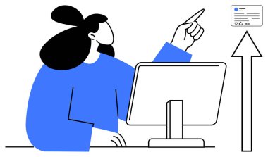 Masasında oturan bir kadın bilgisayarla yukarı doğru ok ve belge simgesini işaret ediyor. İş, büyüme, başarı, strateji, analiz, fırsatlar ve basit iniş sayfası gibi konular için ideal