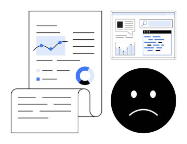 Haritalar, raporlar ve üzgün bir yüz sembolünün yanında bir web analiz arayüzü içeren belgeler. Veri analizi, iş eğilimleri, olumsuz sonuçlar, analitik, raporlama, değerlendirme için ideal