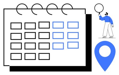 Vurgulanmış tarihleri olan büyük bir takvim, balon tutan bir birey ve iğne şeklindeki konum işaretleyicisi. Planlama, etkinlik planlaması, seyahat, atamalar, organizasyon, zaman yönetimi için ideal basit